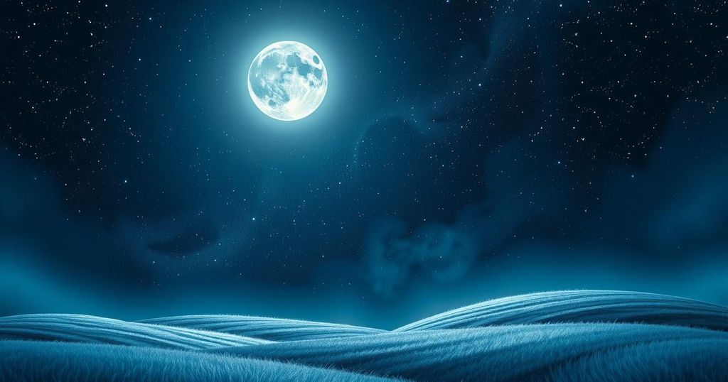A cosmic scene with twinkling stars and a vibrant moon over a serene landscape, symbolising zodiac signs and romance.