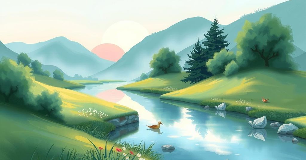 A tranquil scene with soft, pastel colours depicting a calm landscape, promoting creativity and reflection.