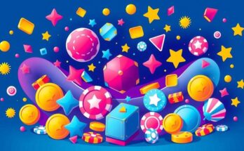 Colourful gaming platform showcasing various casino icons and symbols in a dynamic layout.