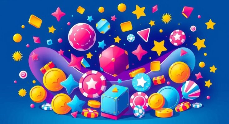 Colourful gaming platform showcasing various casino icons and symbols in a dynamic layout.
