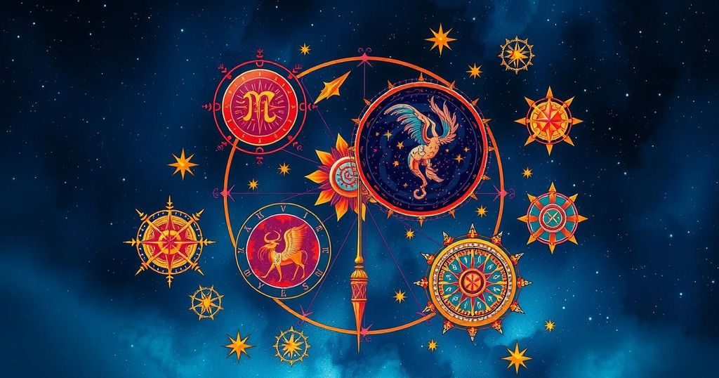 Astrological symbols set against a celestial background with vibrant hues for zodiac signs and astrology themes.