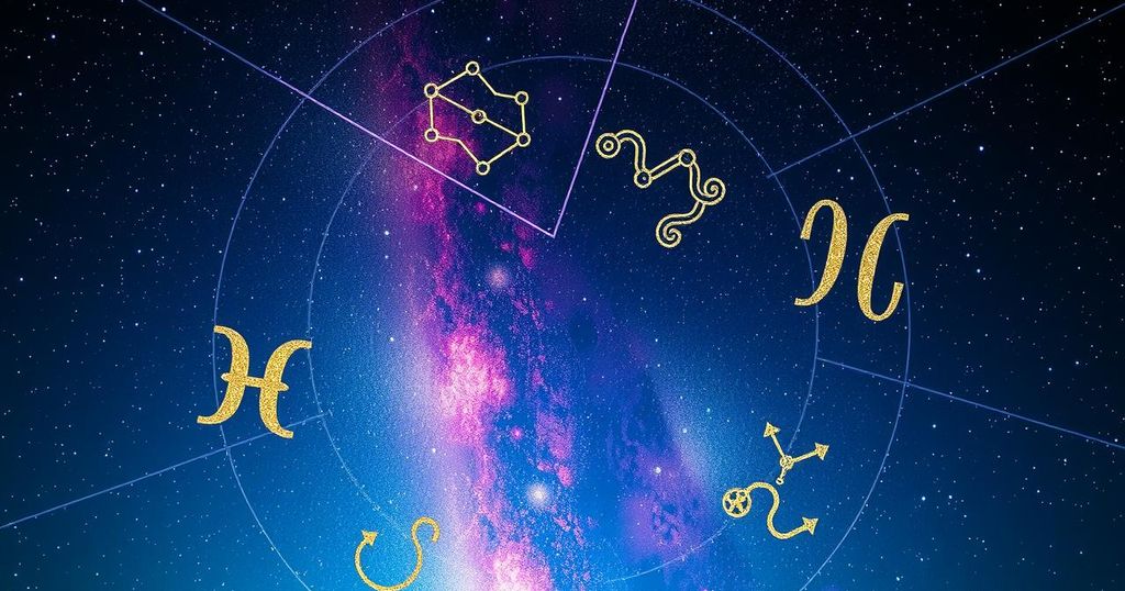 Zodiac signs represented by colourful constellations in the night sky, showcasing a cosmic theme.