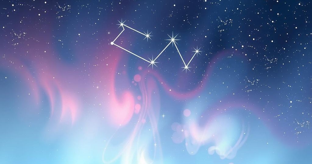 A celestial scene with the Virgo constellation, sparkling stars, and dreamy, fluid pastel colours for a romantic vibe.