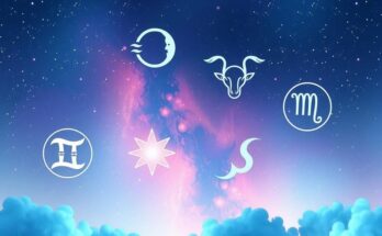 Celestial background with zodiac symbols and a starry night, featuring a soft pastel colour palette for horoscopes.
