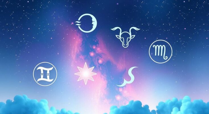 Celestial background with zodiac symbols and a starry night, featuring a soft pastel colour palette for horoscopes.
