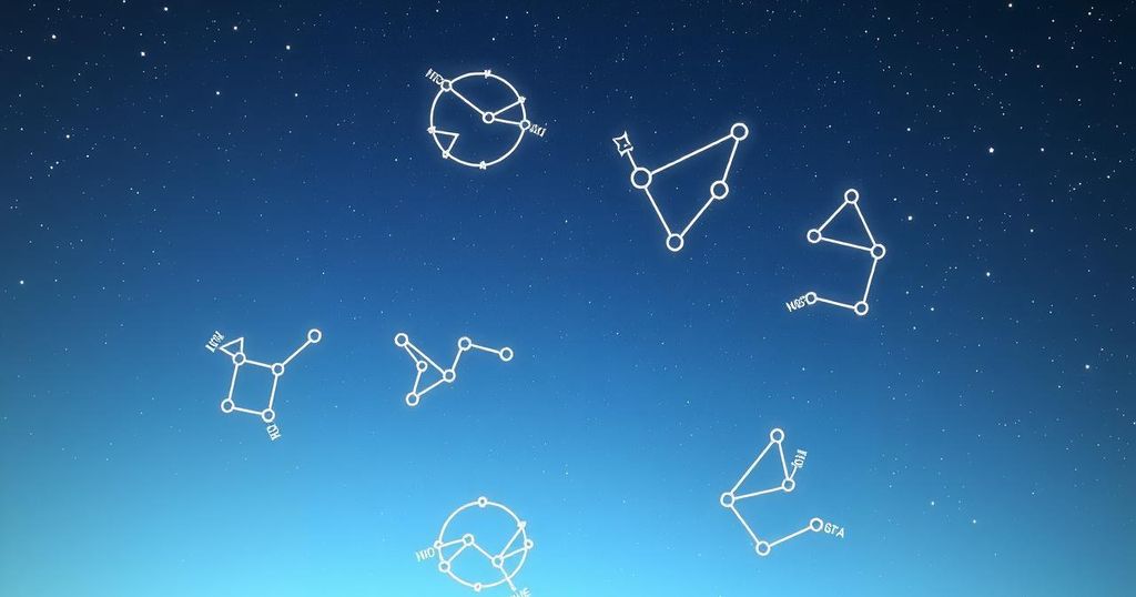 A celestial scene with various star signs, a starry sky, soft pastel colours, and an astrological theme.