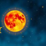 A vibrant celestial scene with a glowing Aries fire moon, symbolising astrology and positive energies.