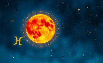 A vibrant celestial scene with a glowing Aries fire moon, symbolising astrology and positive energies.