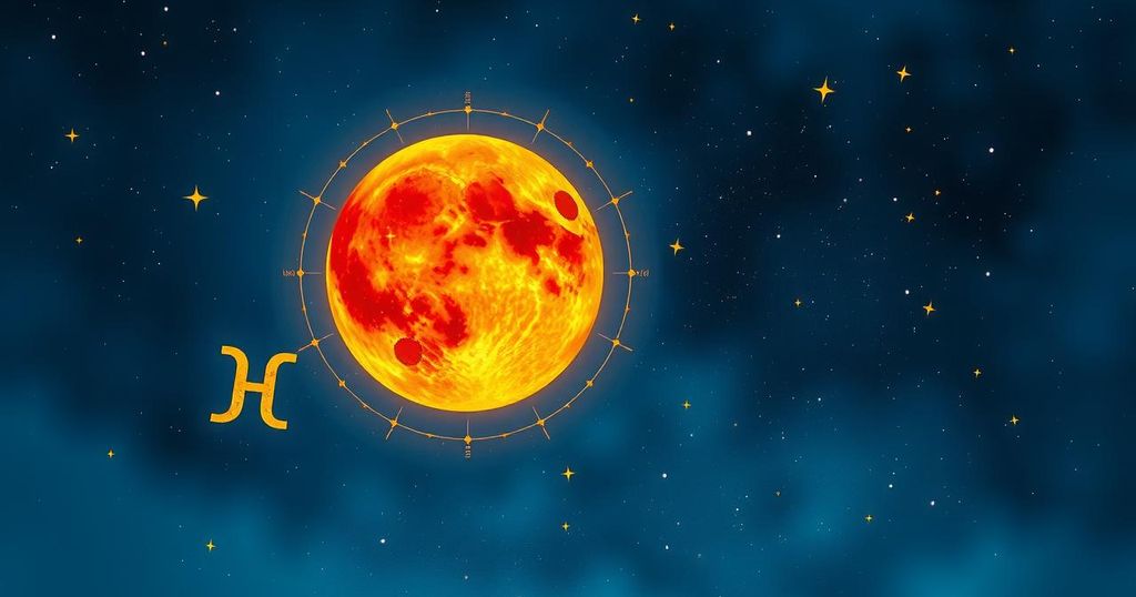 A vibrant celestial scene with a glowing Aries fire moon, symbolising astrology and positive energies.