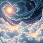 A mystical landscape with swirling clouds and celestial signs illuminating a tranquil scene, evoking intuitive insights.
