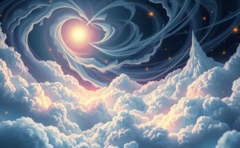 A mystical landscape with swirling clouds and celestial signs illuminating a tranquil scene, evoking intuitive insights.