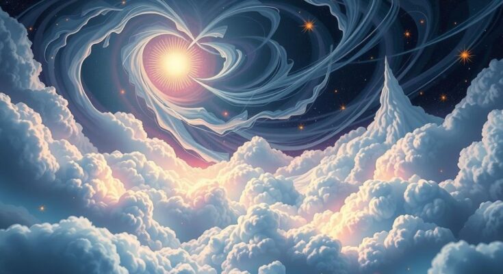 A mystical landscape with swirling clouds and celestial signs illuminating a tranquil scene, evoking intuitive insights.