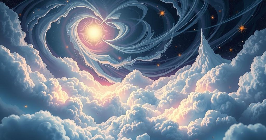 A mystical landscape with swirling clouds and celestial signs illuminating a tranquil scene, evoking intuitive insights.