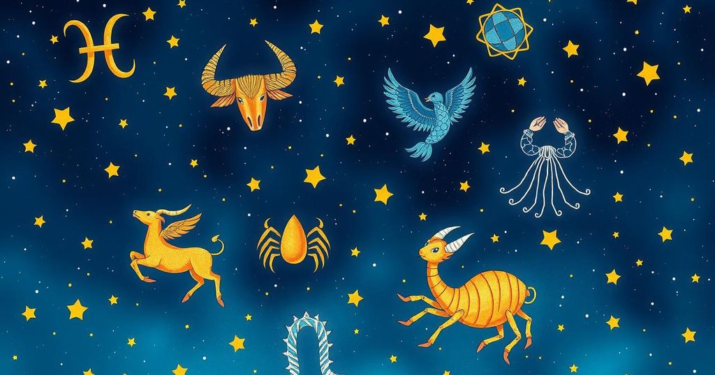 Astrological symbols against a night sky with stars, representing horoscopes and zodiac signs for all signs of the zodiac.