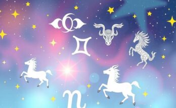 Celestial illustration featuring zodiac symbols with twinkling stars and soft pastel colours, representing daily horoscopes.