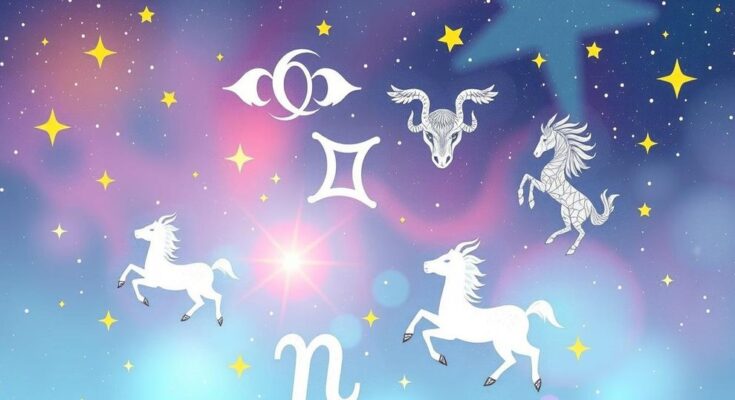 Celestial illustration featuring zodiac symbols with twinkling stars and soft pastel colours, representing daily horoscopes.