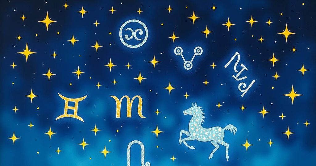 Astrological symbols arranged in a celestial night scene with vibrant stars and zodiac signs glowing.