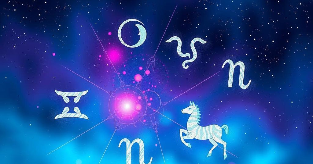 A vibrant cosmic scene with zodiac symbols surrounded by twinkling stars and colourful astrological chart elements.