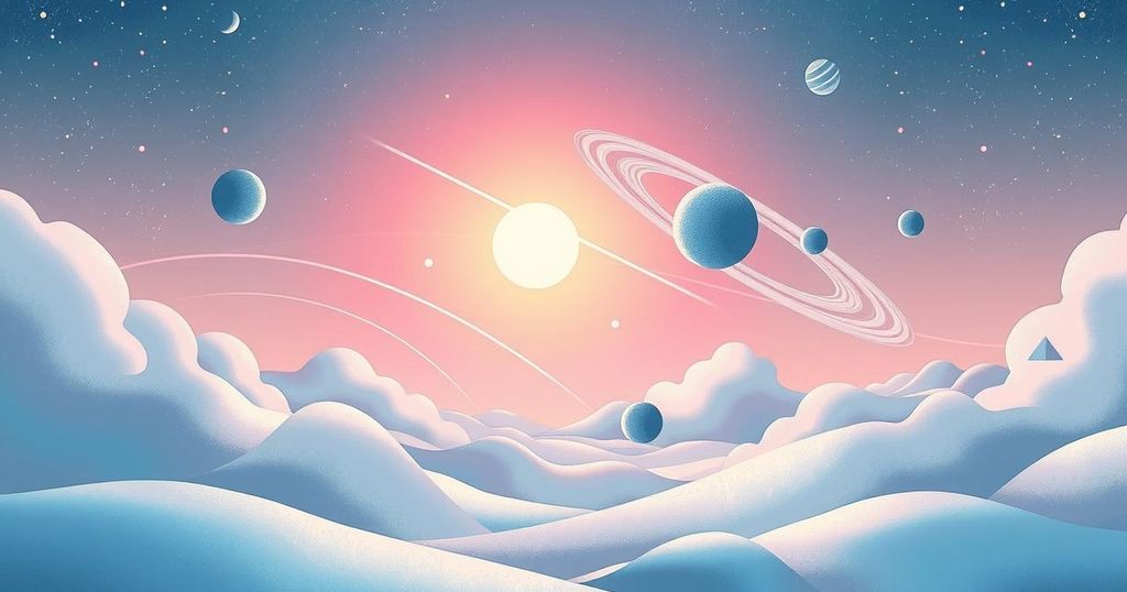 A celestial scene depicting the Sun and Mercury in a vibrant Gemini landscape, symbolizing transformation and communication.