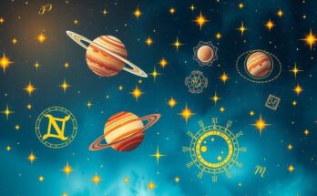 Celestial scene depicting astrological symbols, stars and planets with a calming blue and gold colour scheme, in a dreamy style.