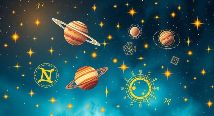 Celestial scene depicting astrological symbols, stars and planets with a calming blue and gold colour scheme, in a dreamy style.