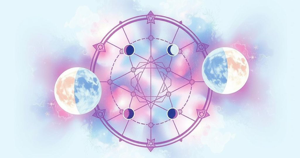 Celestial illustration depicting astrology symbols and moon phases in soft pastel colours.