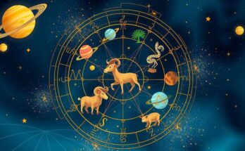 A vibrant zodiac wheel with symbols, planets, and astrological signs in rich colours, set against a starry night.