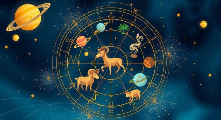A vibrant zodiac wheel with symbols, planets, and astrological signs in rich colours, set against a starry night.
