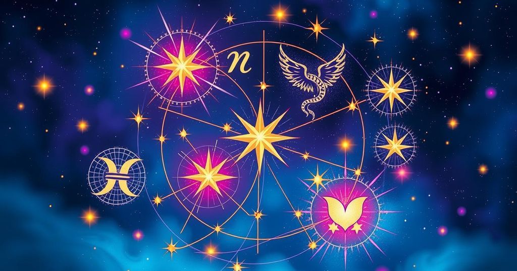 Zodiac signs surrounded by vibrant stars and cosmic energy, symbolizing love and healing in astrology.