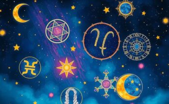 Astrological symbols with cosmic elements in a starry night sky, featuring vibrant colours and a subtle retro style.