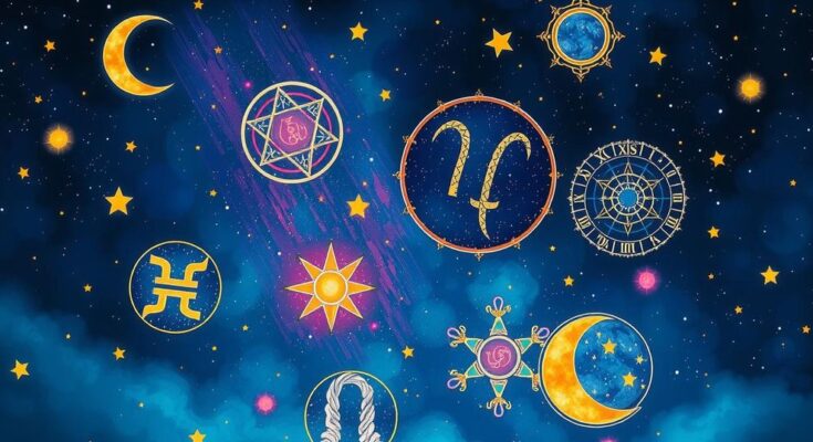 Astrological symbols with cosmic elements in a starry night sky, featuring vibrant colours and a subtle retro style.