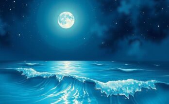 A peaceful night sky with twinkling stars and a calm sea reflecting the moonlight, promoting creativity and connection.