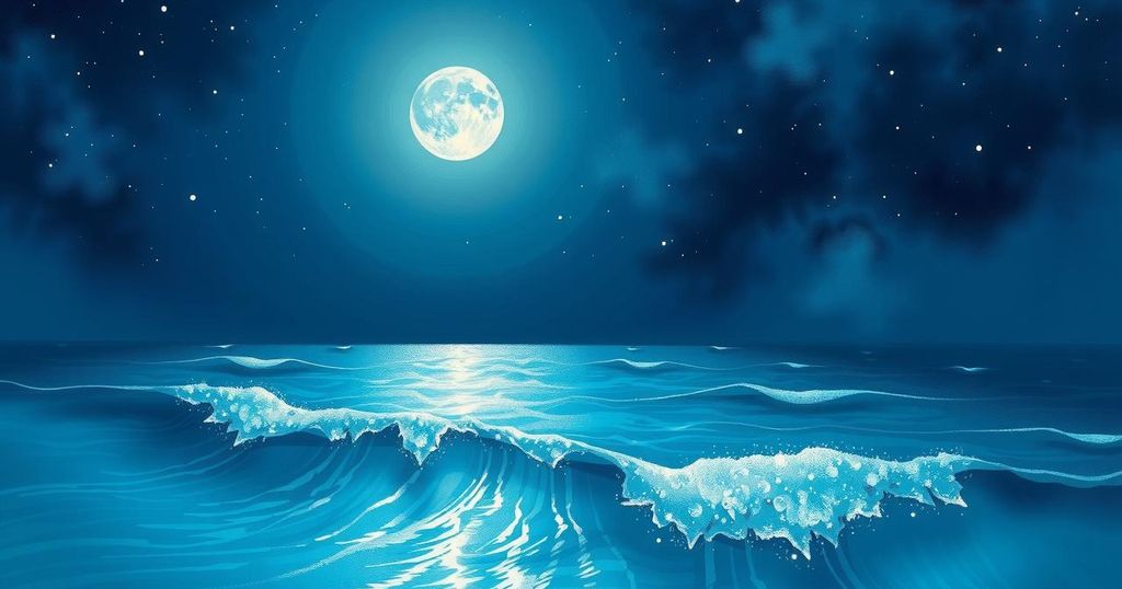 A peaceful night sky with twinkling stars and a calm sea reflecting the moonlight, promoting creativity and connection.