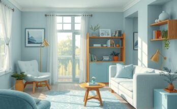 A peaceful scene depicting the balance of work and home life in calming blue and green hues, inspired by Impressionism.