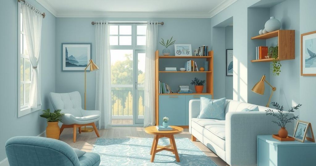 A peaceful scene depicting the balance of work and home life in calming blue and green hues, inspired by Impressionism.