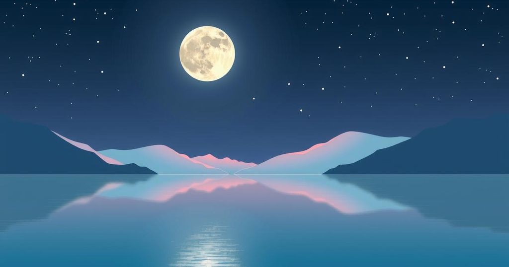 A serene lunar landscape with a balanced composition, soft colours, and artistic elements of harmony and beauty.