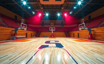 Basketball court set for a final game, surrounded by vibrant colours and a dynamic atmosphere