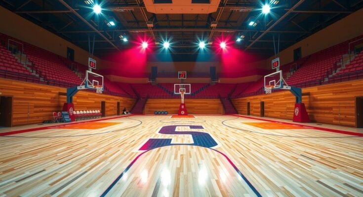 Basketball court set for a final game, surrounded by vibrant colours and a dynamic atmosphere