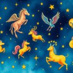 A celestial scene depicting the zodiac signs with vibrant colours and starry patterns, symbolising astrology and horoscopes.