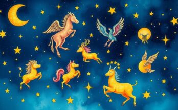 A celestial scene depicting the zodiac signs with vibrant colours and starry patterns, symbolising astrology and horoscopes.