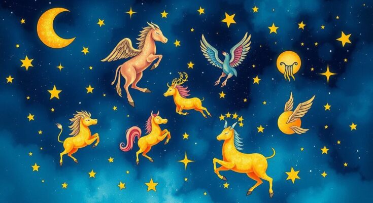 A celestial scene depicting the zodiac signs with vibrant colours and starry patterns, symbolising astrology and horoscopes.