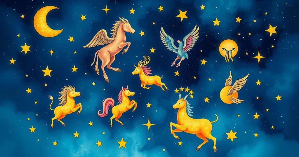 A celestial scene depicting the zodiac signs with vibrant colours and starry patterns, symbolising astrology and horoscopes.