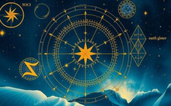 Celestial theme with astrological symbols and a cosmic backdrop of stars and moon phases, embracing harmony and balance.