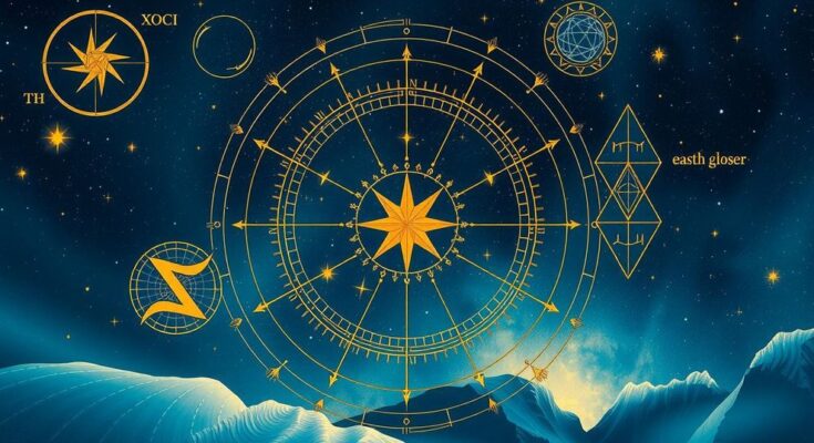 Celestial theme with astrological symbols and a cosmic backdrop of stars and moon phases, embracing harmony and balance.