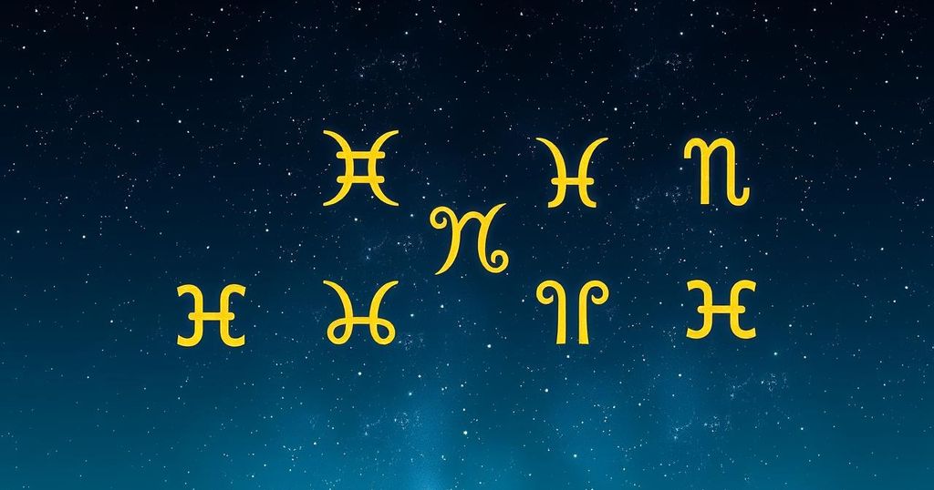 Astrological symbols against a starry background representing zodiac signs and their energy for December horoscopes.