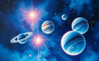 A cosmic scene depicting planetary alignments, with vibrant colours and sparkles, representing love horoscopes and new beginnings.
