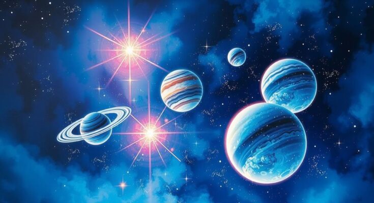 A cosmic scene depicting planetary alignments, with vibrant colours and sparkles, representing love horoscopes and new beginnings.