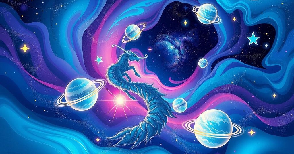 A cosmic scene depicting zodiac signs, with swirling stars and planets, showcasing the theme of new ideas and opportunities.