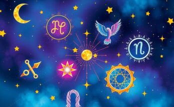 Astrological symbols with cosmic background, featuring vibrant colours and celestial motifs, reflecting positivity and growth.