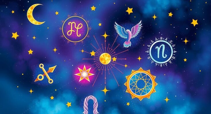 Astrological symbols with cosmic background, featuring vibrant colours and celestial motifs, reflecting positivity and growth.